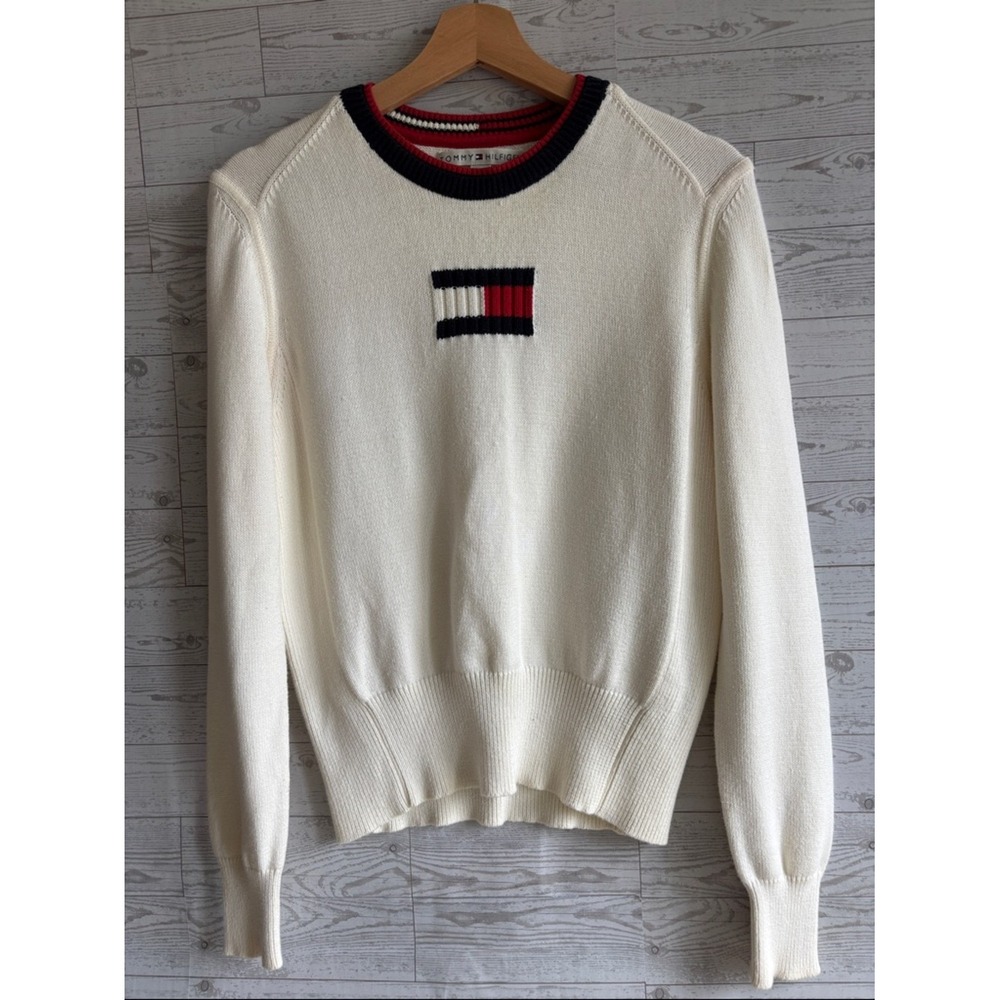 Vintage Tommy Hilfiger Classic Logo Sweater Flag USA Cream medium preppy y2k